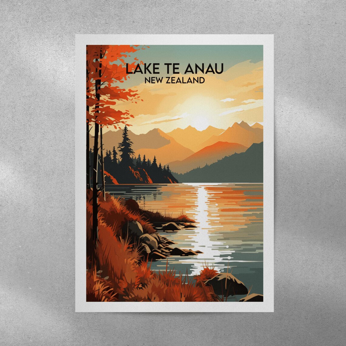 Lake Te Anau New Zealand Autumn Sunset Golden Lake Travel Poster - Image 4