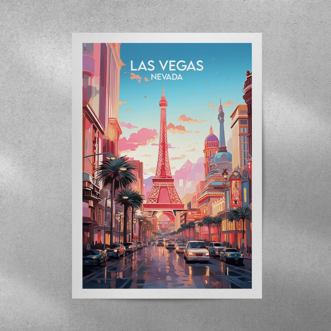 Las Vegas Nevada Eiffel Tower Strip Sunset Vintage Travel Poster - Image 3