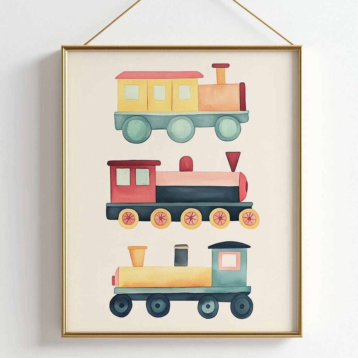 Three Colorful Watercolor Toy Train Engines Boys Nursery Decor Poster