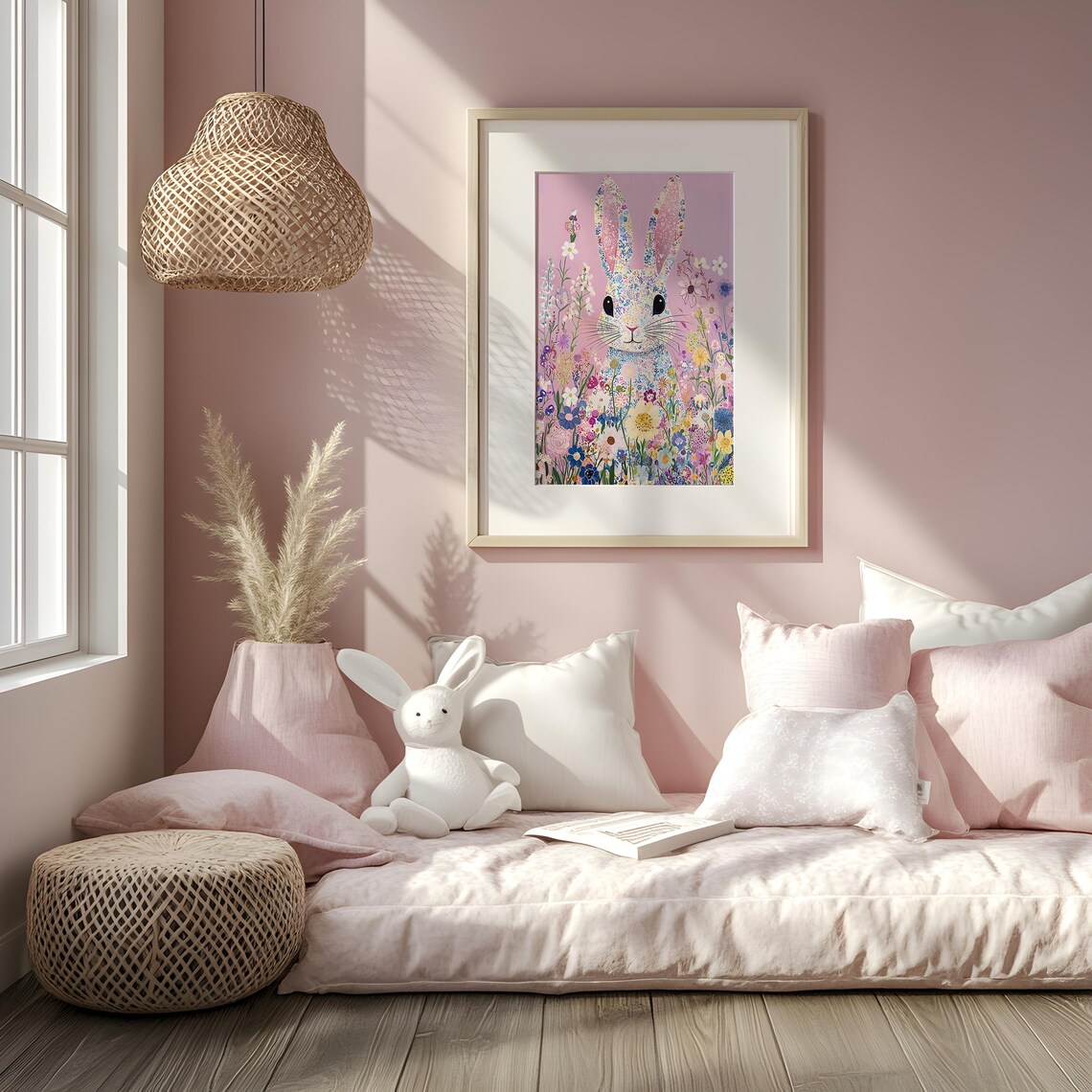 Floral Pattern Bunny Rabbit Wildflowers Pink Bloomcore Poster - Image 2