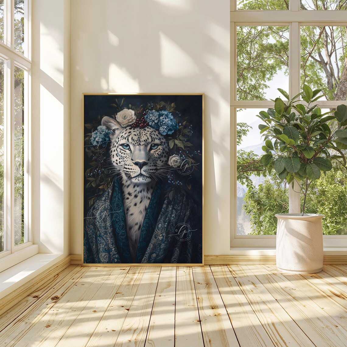Snow Leopard Blue Floral Crown Midnight Cloak Elegant Portrait Print - Image 2