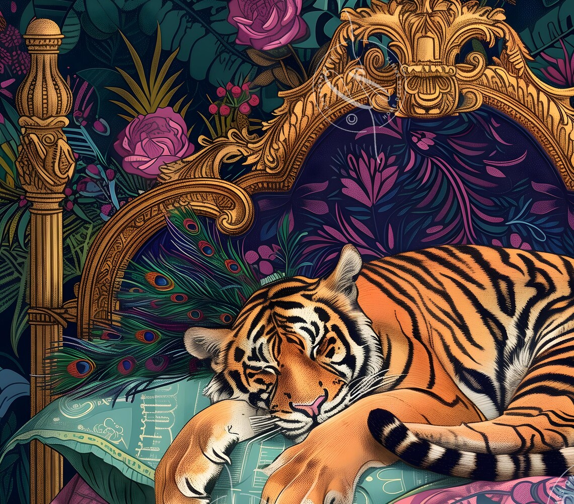 Sleeping Tiger in a Vintage Bed, Maximalist Jungle - Image 3