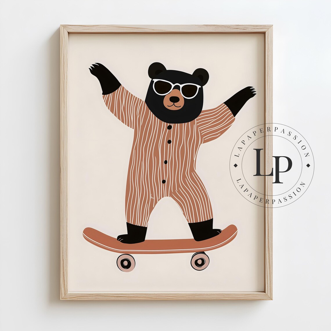 Bear in Striped Pajamas Skateboarding Fun Nursery Kids Poster