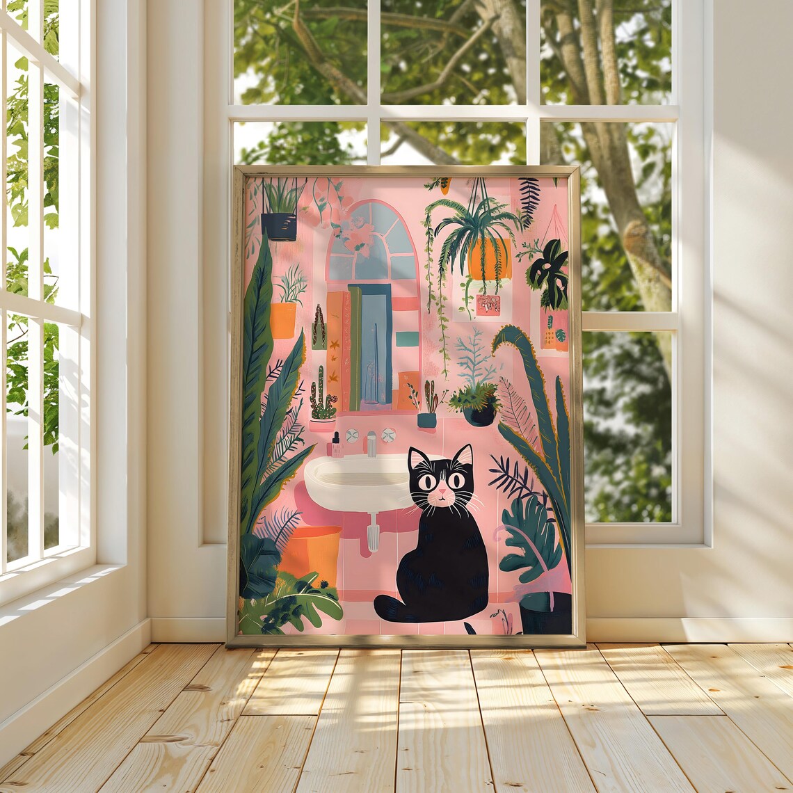 Black Cat in Pink Botanical Bathroom Whimsical Cat Plant Poster - Image 3