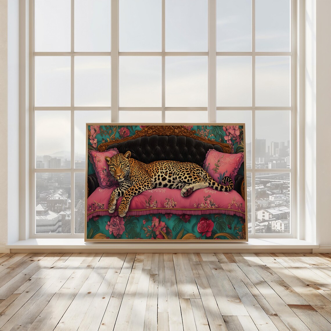 Leopard Reclining Pink Floral Settee Boho Maximalist Decor Poster - Image 2