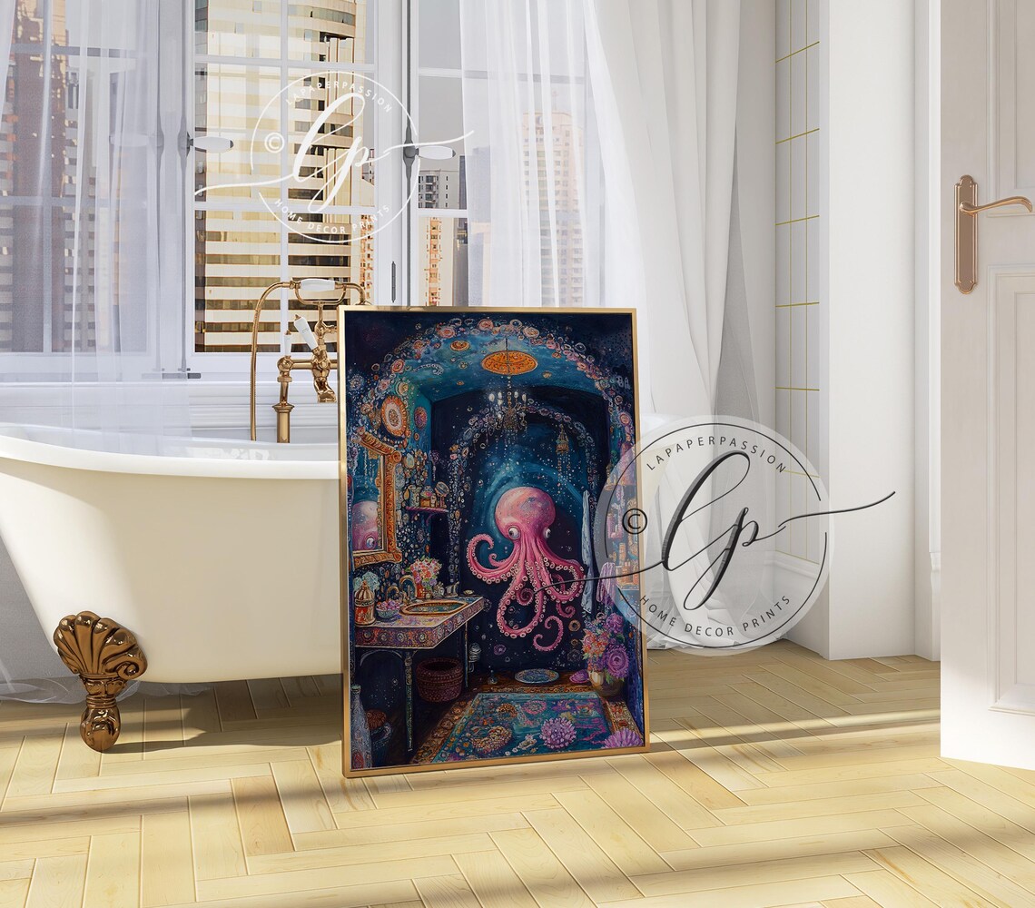 Octopus In A Shower, Maximalist Bathroom Art Print - Image 4