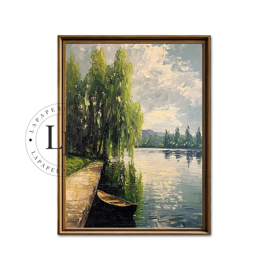 Weeping Willow Oil Painting by Calm Lake with Rowboat Poster