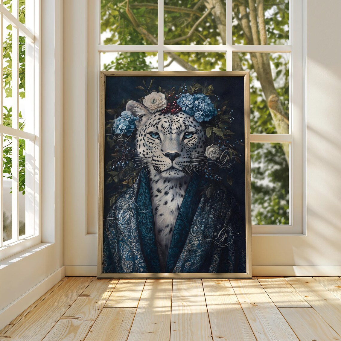 Snow Leopard Blue Floral Crown Midnight Cloak Elegant Portrait Print - Image 5