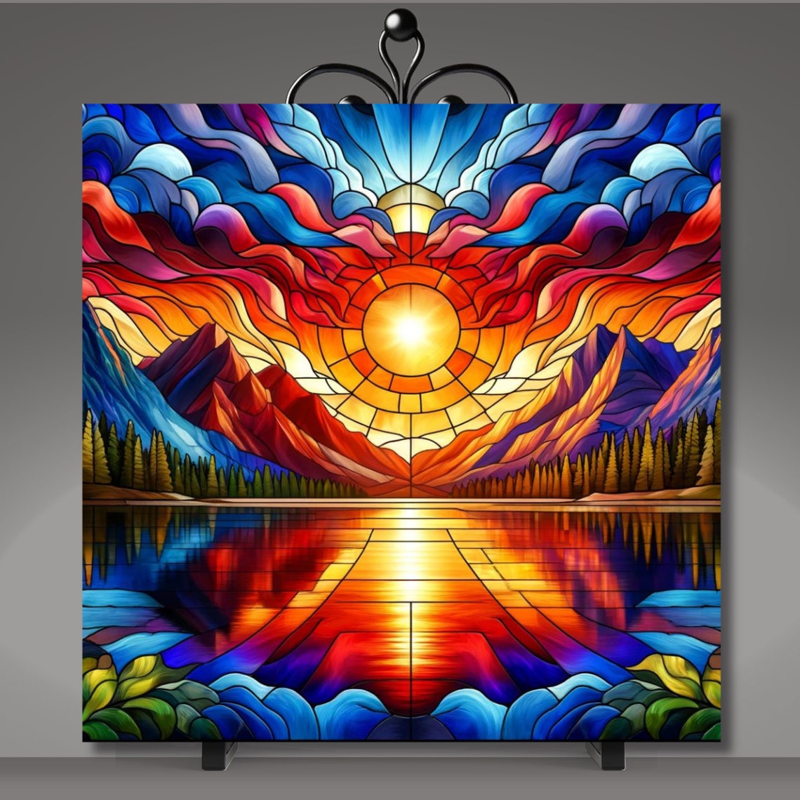 Stained Glass Effect Mountain Sunset Ceramic Art Tile Landscape Art Rustic Home Decor Birthday Gift Wall Art Decor Cabin Lake House - Image 5