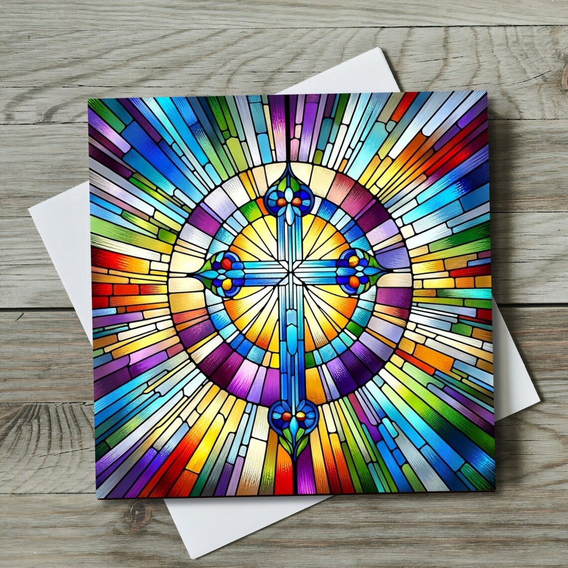 Rainbow Sunburst Cross Mandala Colorful Stained Glass Art Wall Art - Image 2