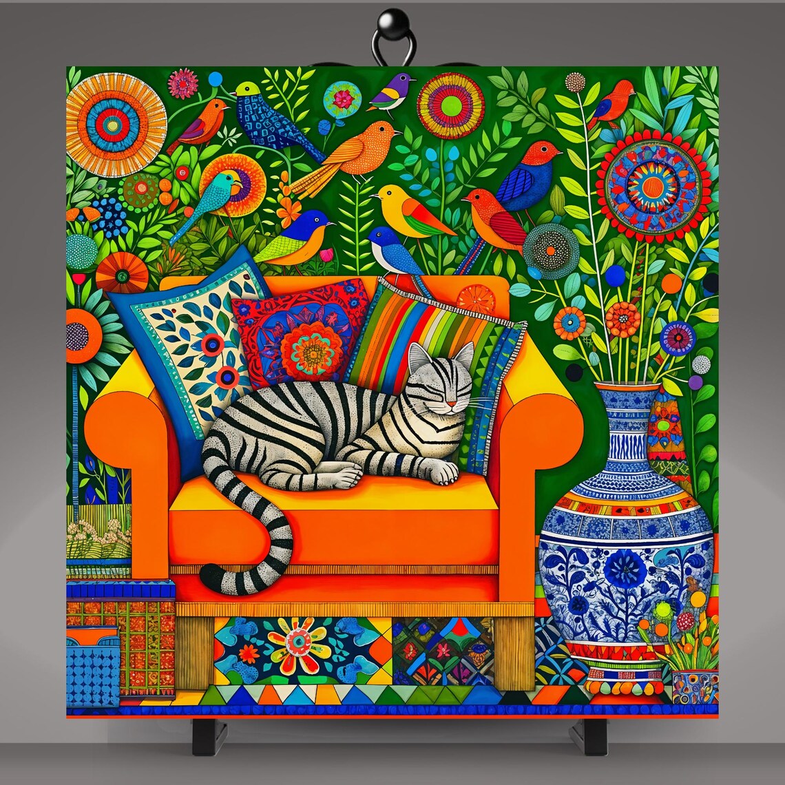 Mexican Folk Art Ceramic Tile, Cat Lover Boho Wall Art Print - Image 5