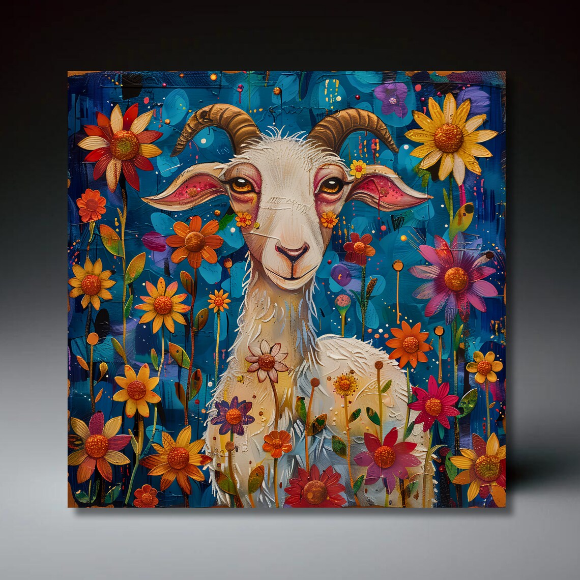 Colorful White Goat Folk Art, Farm Kitchen Art Print