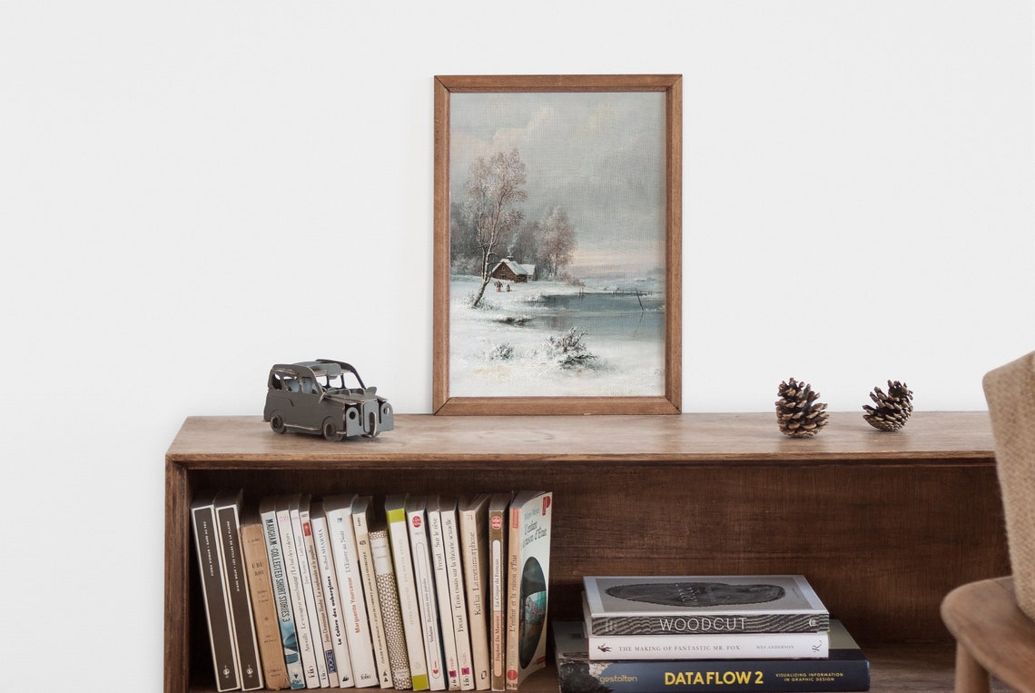 Winter Cabin Landscape Scene Prints Rustic Winter Oil Painting Christmas Village Painting Vintage Christmas Prints Antique Holiday Art - Image 2