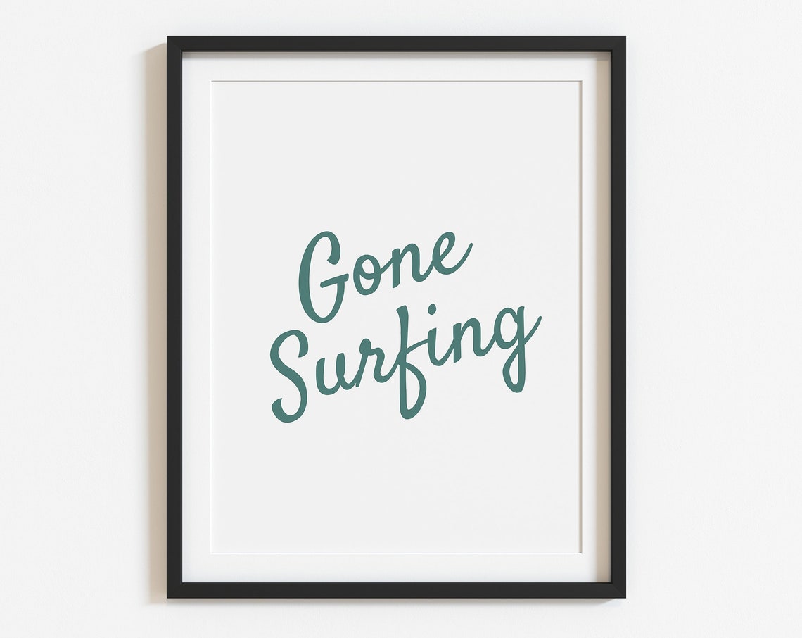 Gone Surfing Sea Green Script Framed Poster for Surf Room Decor