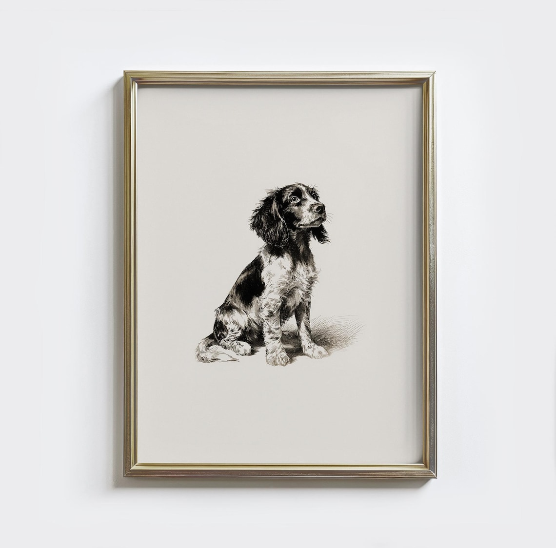 Adorable Spaniel Puppy Sketch on Cream Vintage Minimalist Poster