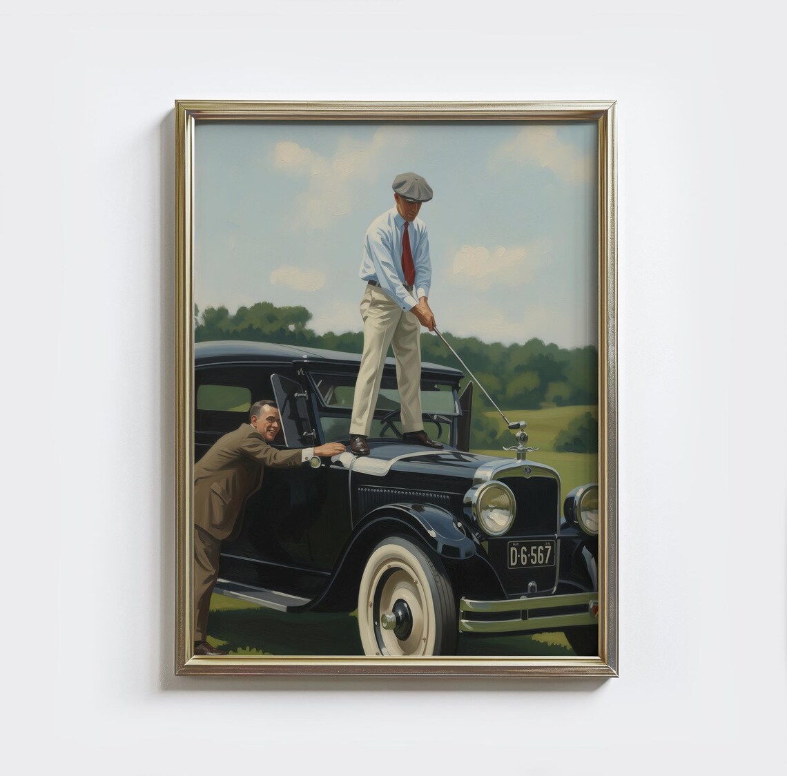 Vintage Golfer TEEing On Car Retro Golf Poster