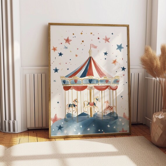 Watercolor Carousel Horses Starry Sky Whimsical Nursery Poster