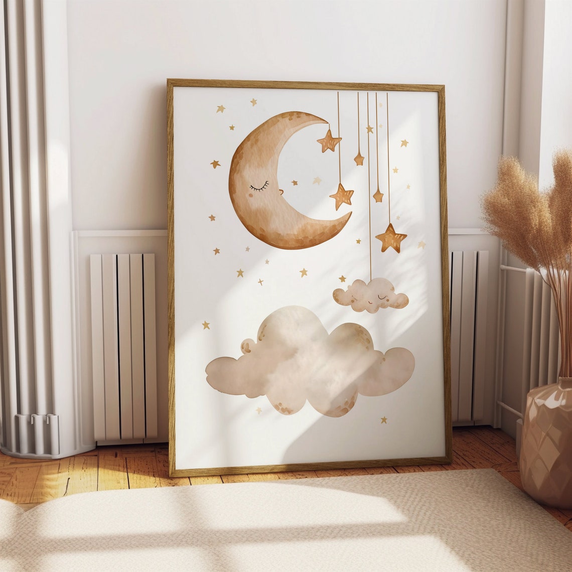Dreamy Moon And Stars Nursery Poster Sleepy Cloud Cute Kids Room Art