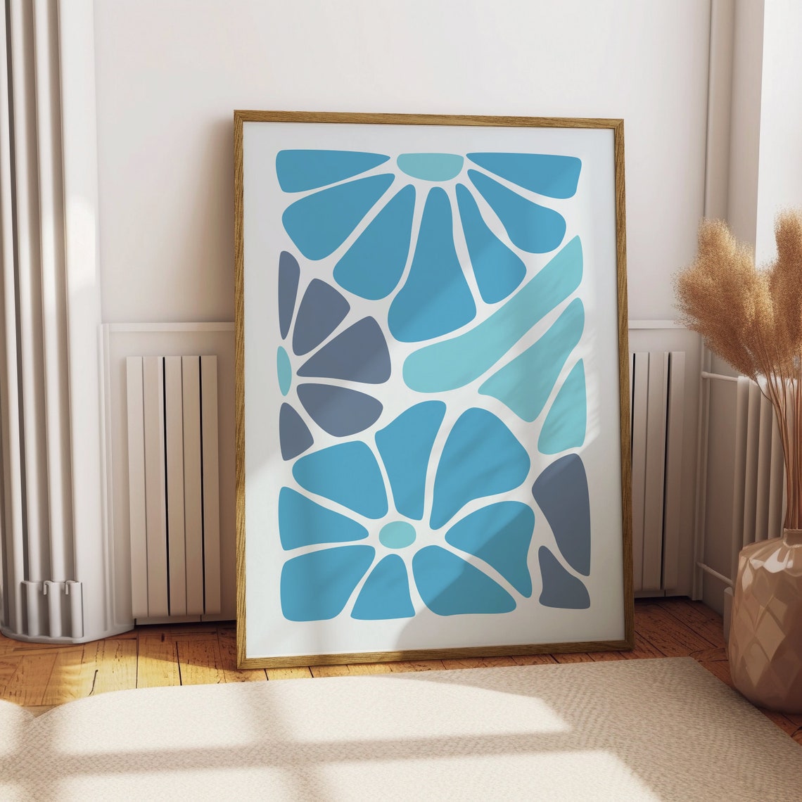 Blue Geometric Floral Art Modern Abstract Botanical Wall Decor Poster