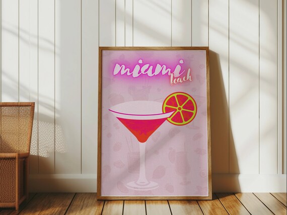 Miami Beach Cocktail Martini Art Pink Retro Bar Decor Wall Poster