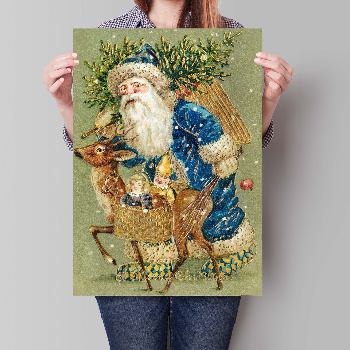 Vintage Santa Claus In Blue Coat Riding Reindeer Merry Christmas Poster - Image 4