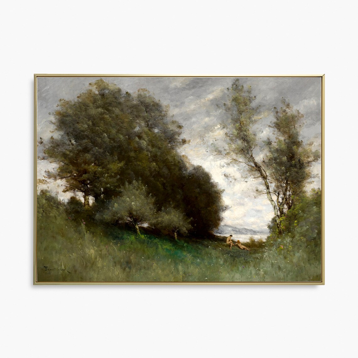 Vintage Oil Painting Tall Trees Lakeside Figures Moody Sky Art Poster