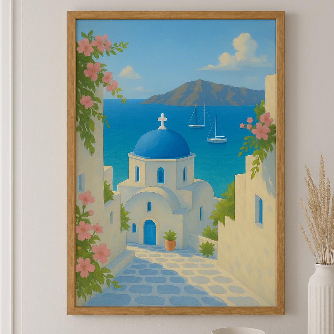 Santorini Greece Blue Dome Church Seaside Travel Illustration Poster