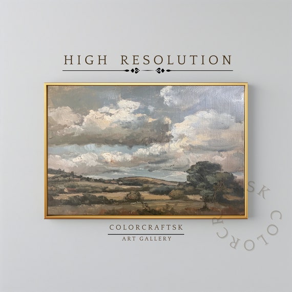 Rustic Country Landscape Farmhouse Painting Antique Cottage Decor Farmhouse Wall Art Warm Tone Print Field Landscape