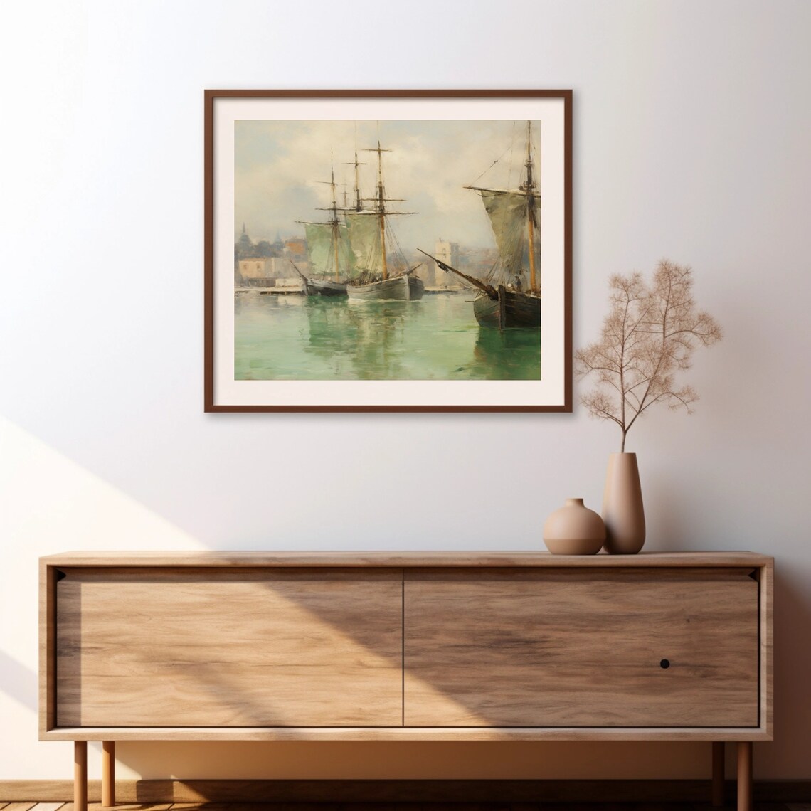 Tall Sailing Ships In Old Harbor Vintage Maritime Nautical Painting Print - Image 2