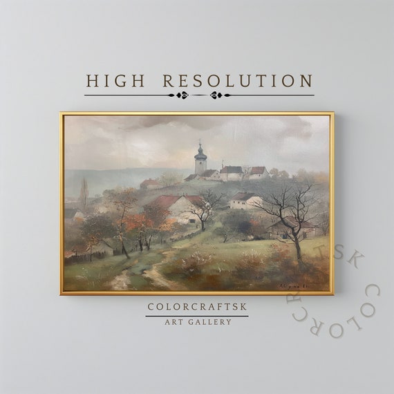 Vintage Country Town Wall Art Landscape Oil Painting Wall Art Farmhouse Decor Print Print