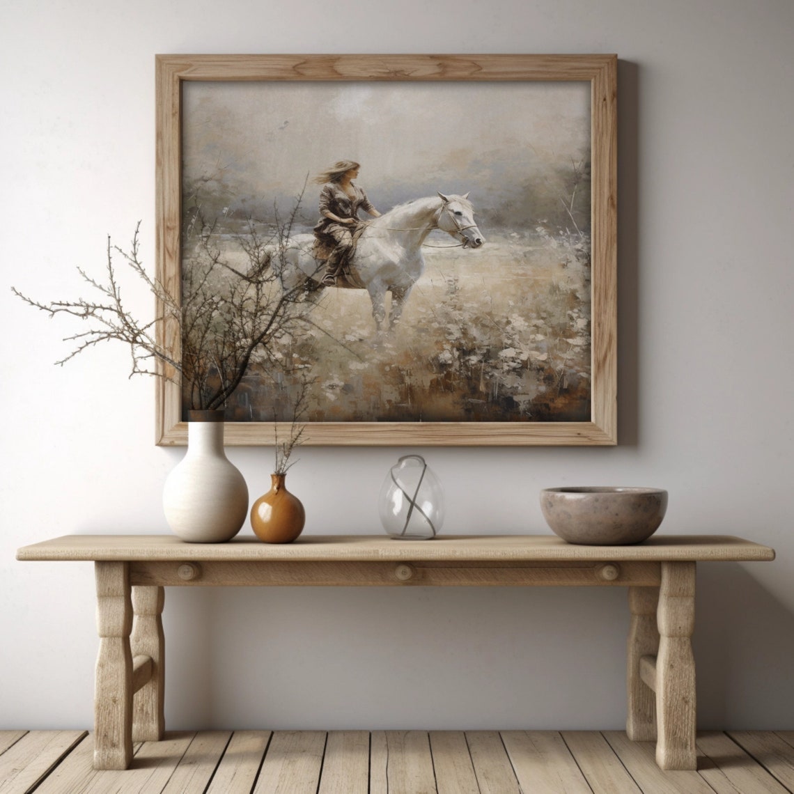 Vintage Painting Of A Woman On The Horse Wildflowers Field Wall Art Farmhouse Decor - Image 2