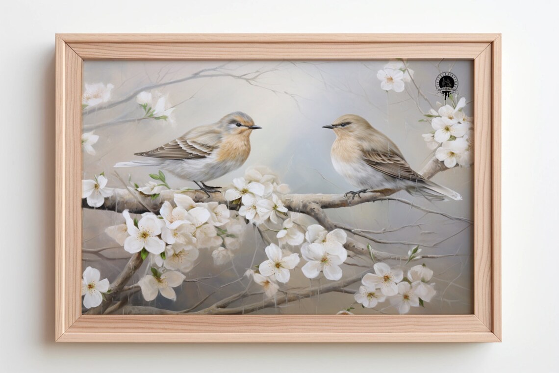 Two Songbirds On Blossom Branch Vintage Spring Bird Painting Wall Art - Image 2