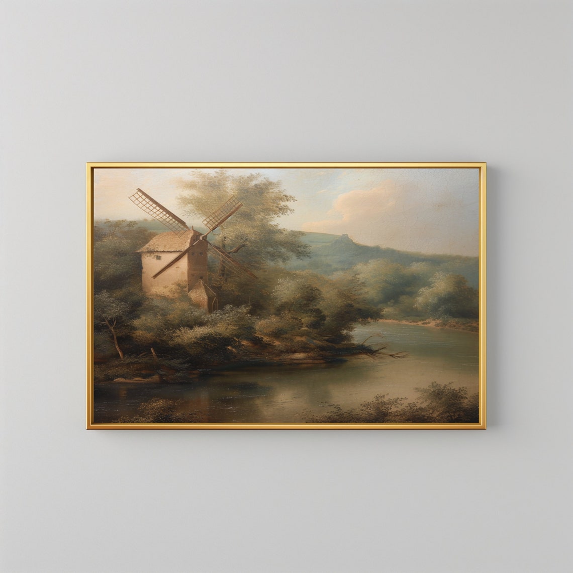 Vintage Painting Of Windmill Riverside Windmill Print Landscape Farmhouse Decor Rustic Wall Art Instant - Image 2