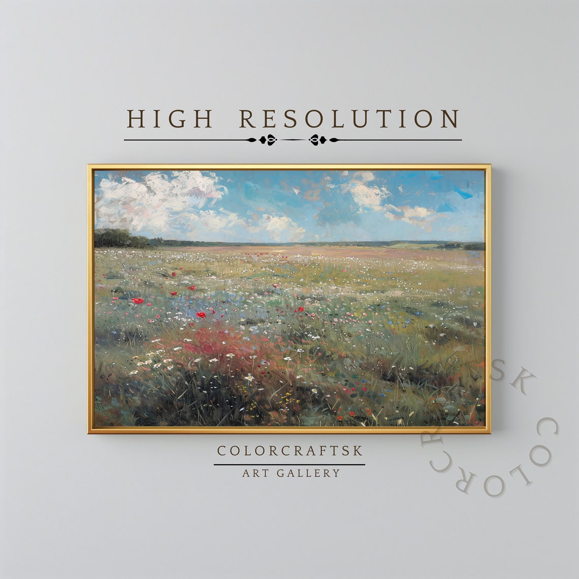 Wildflower Plain Under Bright Blue Sky Impressionist Meadow Art Print