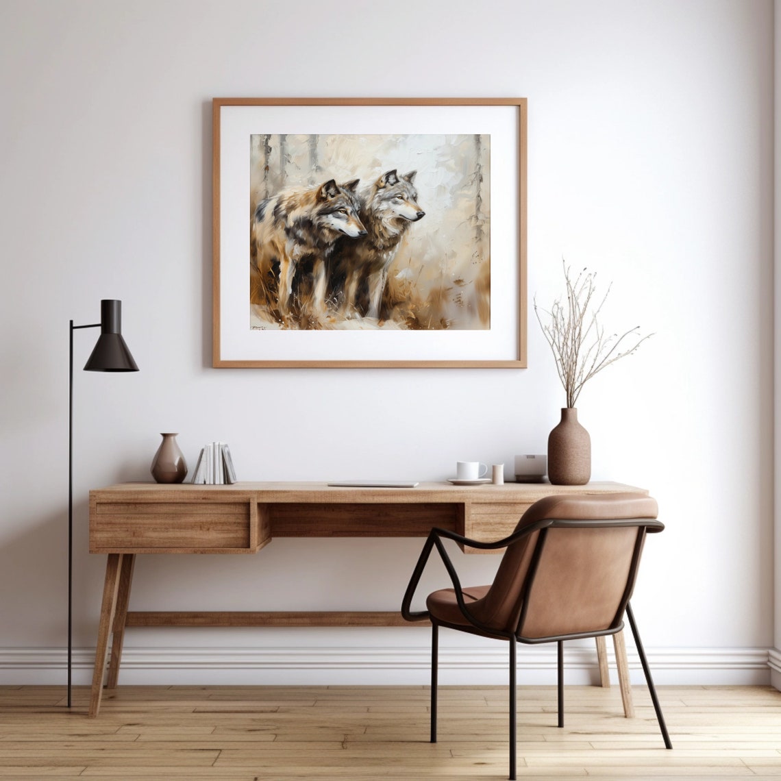 Two Wolves In The Wild Vintage Wolf Pair Oil Painting Animal Art Print - Image 2