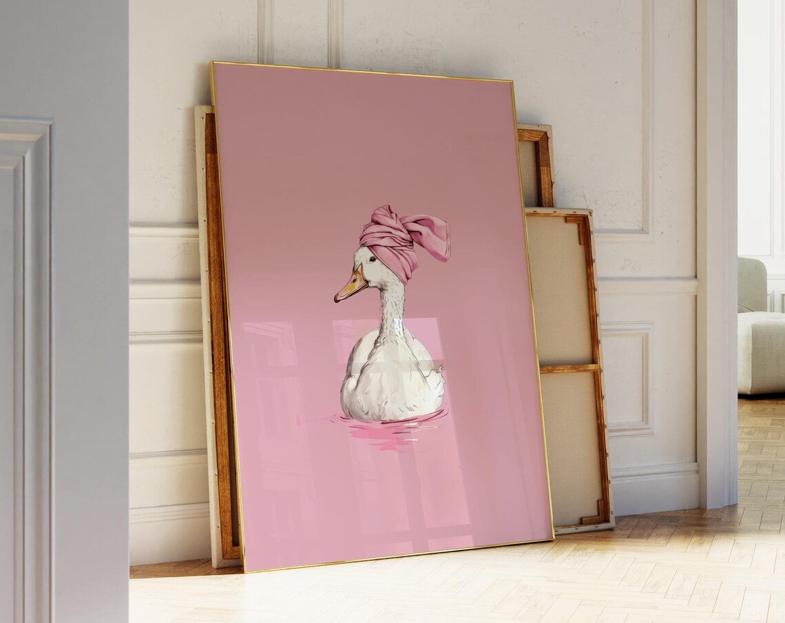 Duck Bathroom Print, Pink Aesthetic Nursery Decor