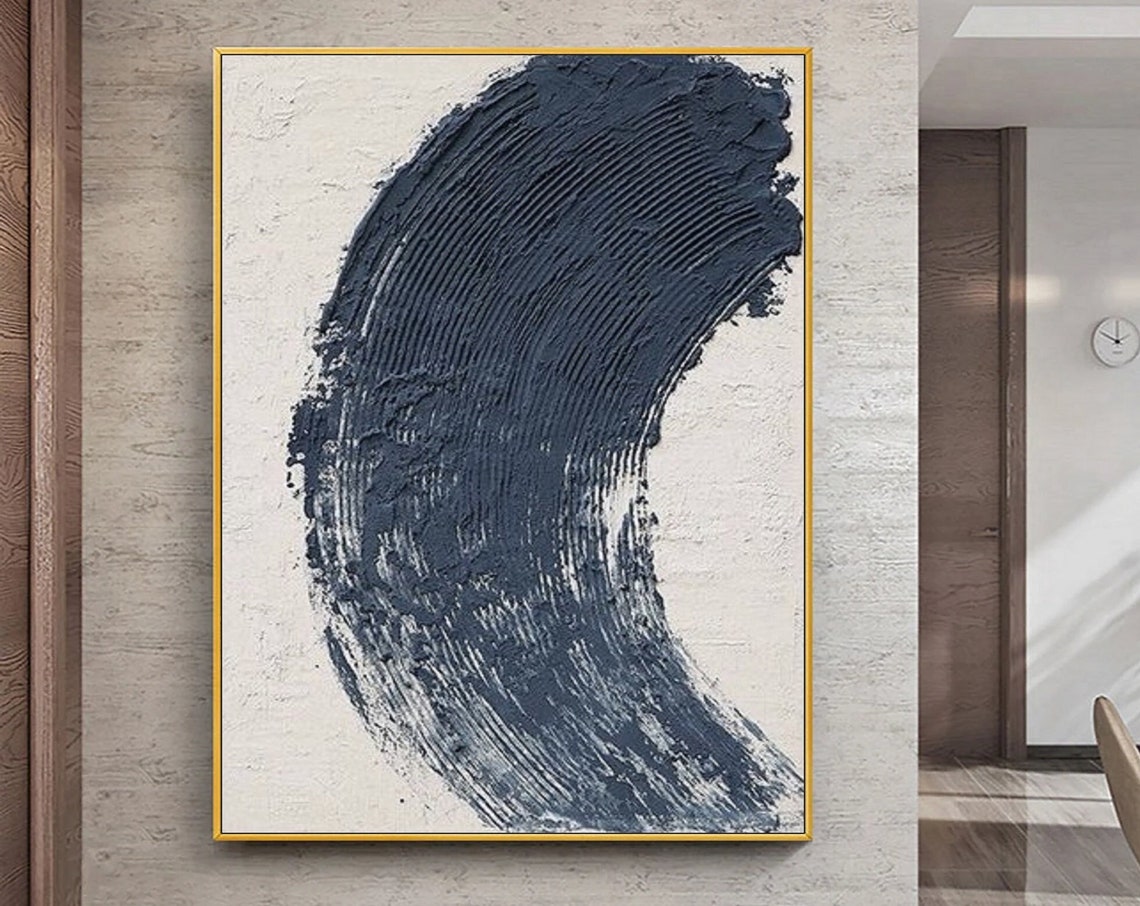 Navy Blue Sweeping Textured Brushstroke Abstract Minimalist Poster