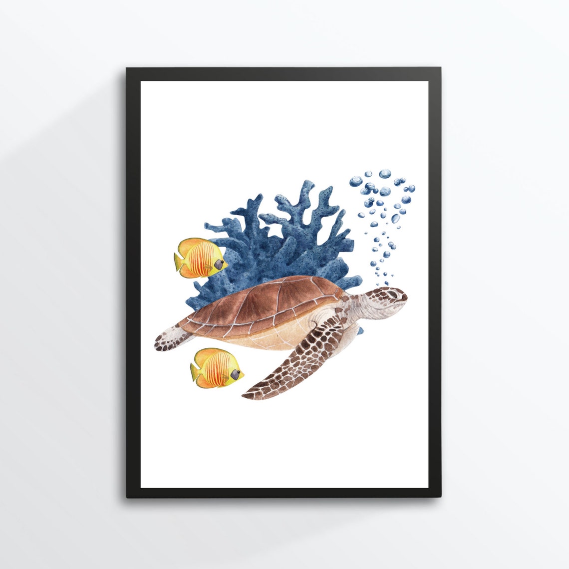 Sea Turtle Watercolor Coral Reef Fish Underwater Ocean Life Art Poster - Image 2