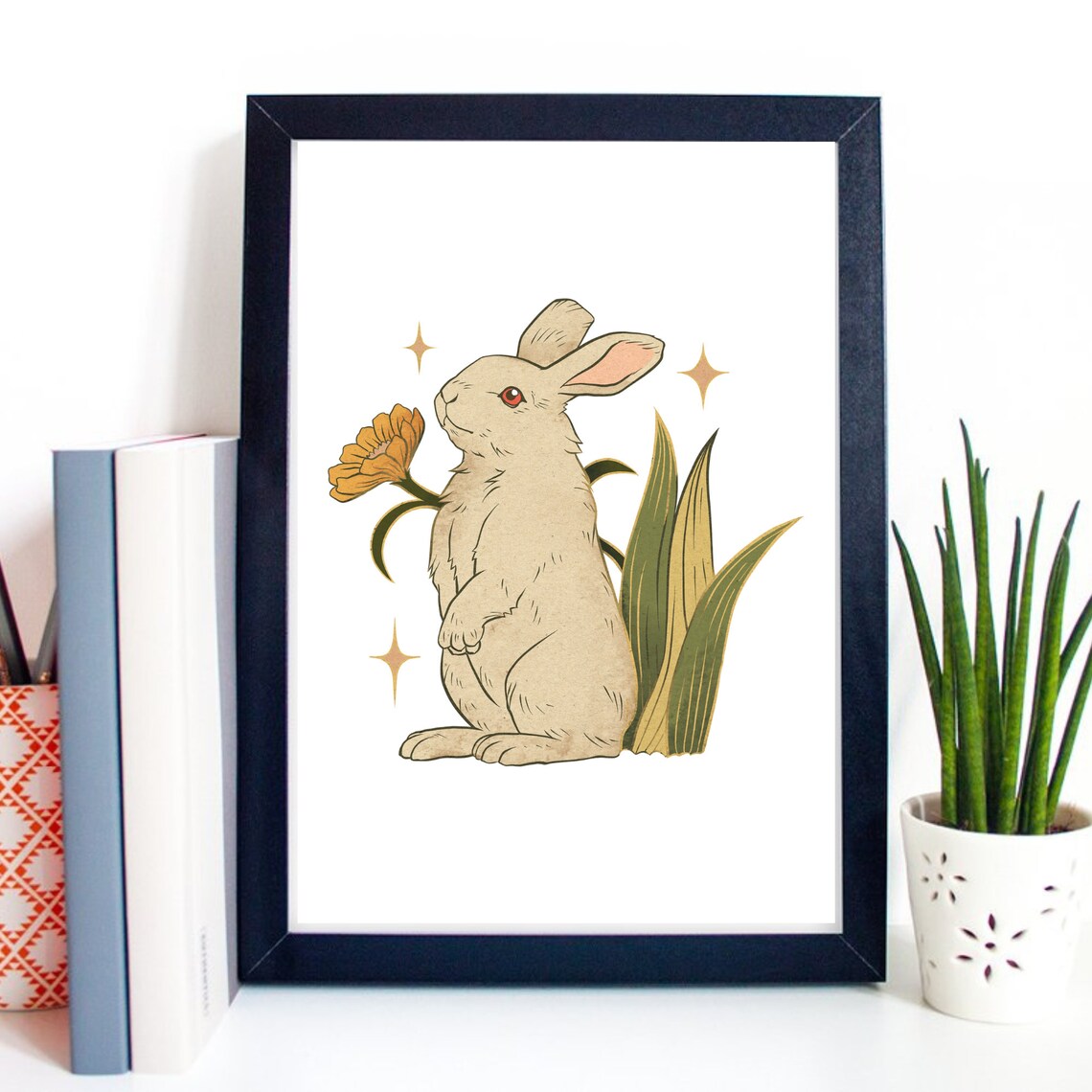 Cute Rabbit Sniffing Orange Flower Vintage Style Animal Art Print - Image 3