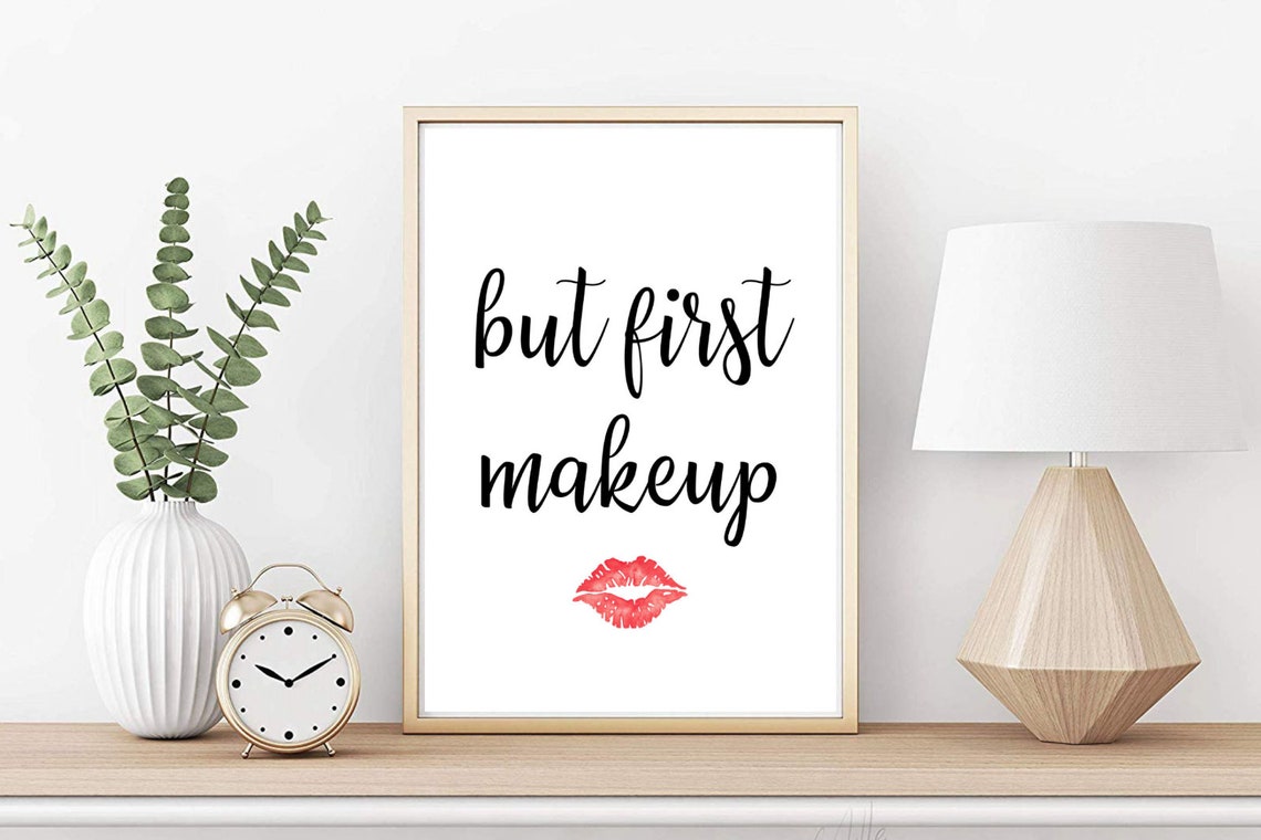 But First Makeup Funny Beauty Quote With Red Lipstick Kiss Poster - Image 2