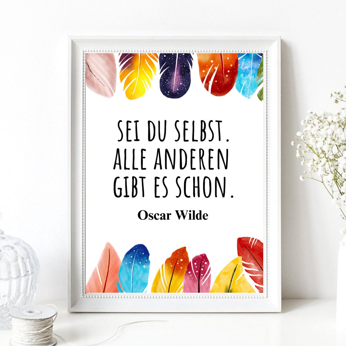 Oscar Wilde Be Yourself Quote German Colorful Feathers Art Poster - Image 2
