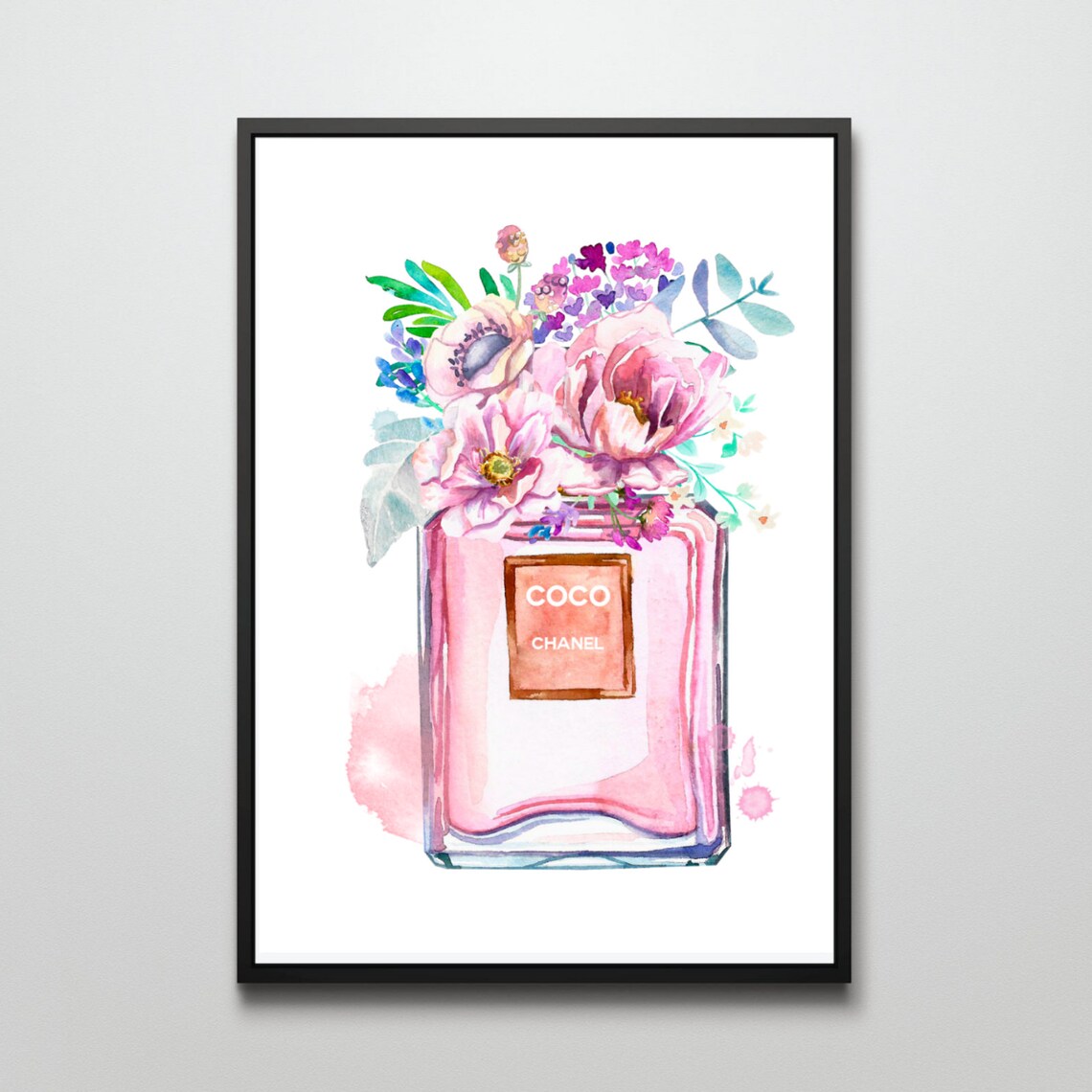 Pink Coco Chanel Perfume Bottle Floral Watercolor Fashion Glam Poster - Image 2