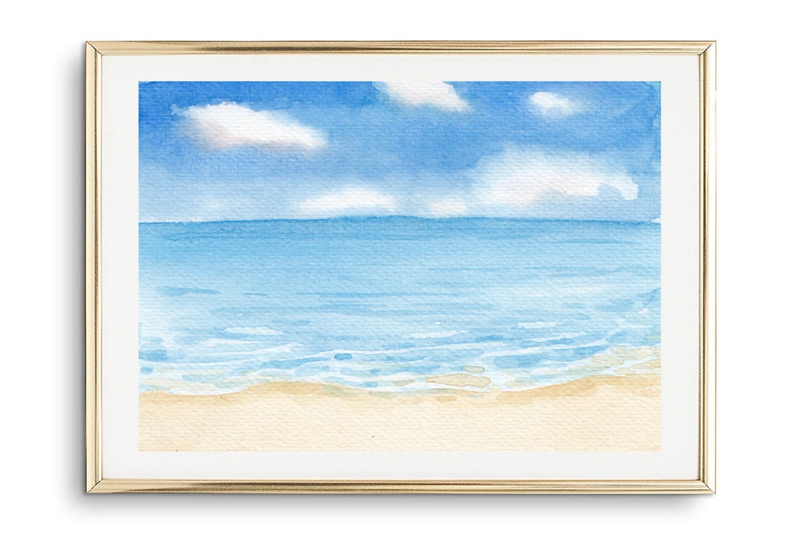 Watercolor Beach Seascape Ocean Waves Sand Calming Art Print Poster - Image 2