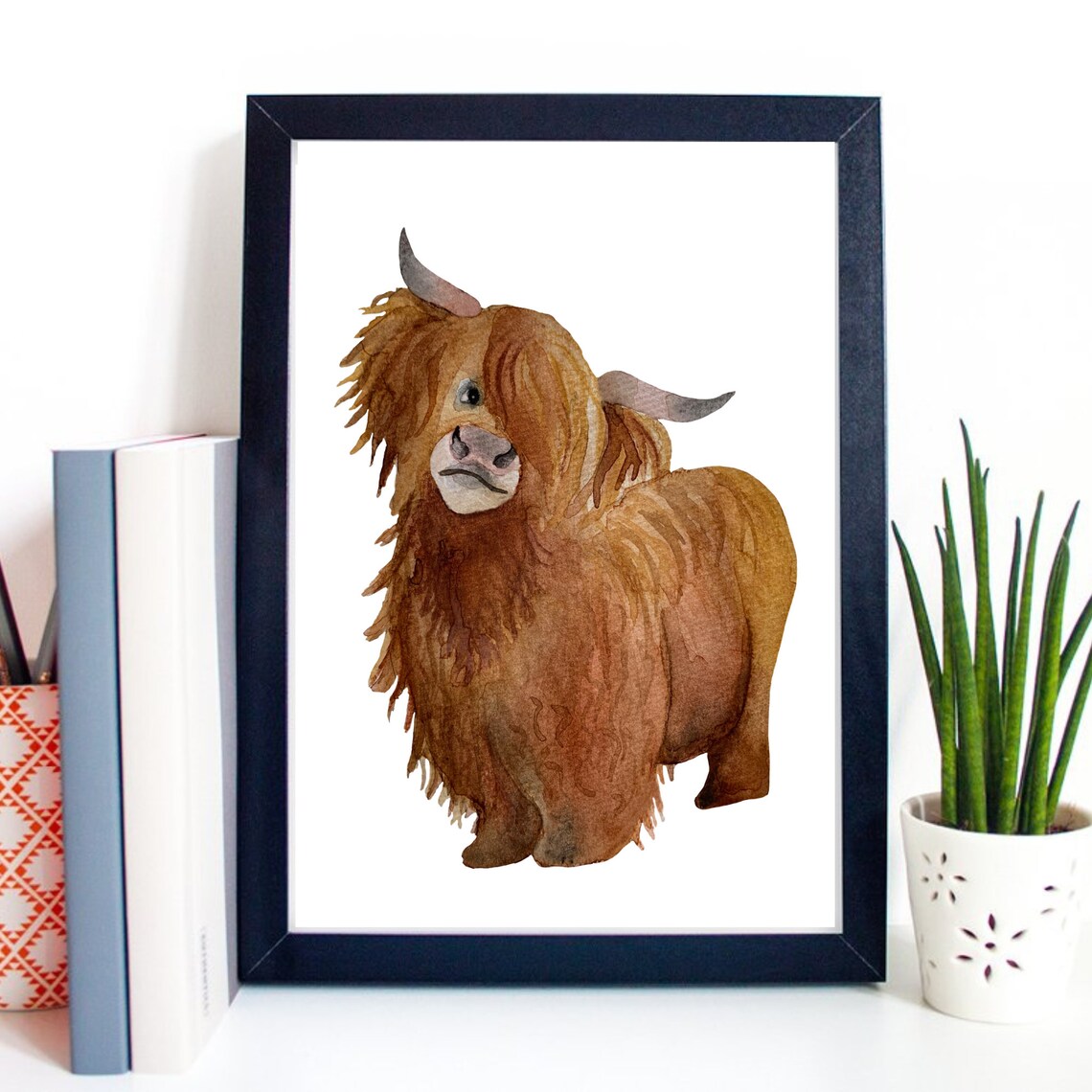 Highland Cow Shaggy Brown Cute Watercolor Farm Animal Art Print