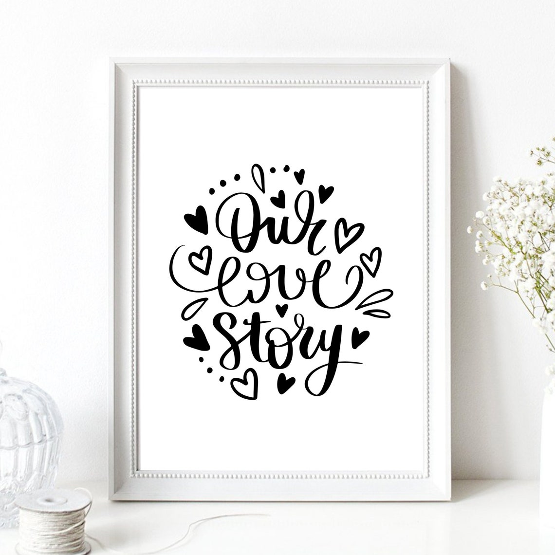 Our Love Story Hand Lettered Script Hearts Black White Romance Poster - Image 2