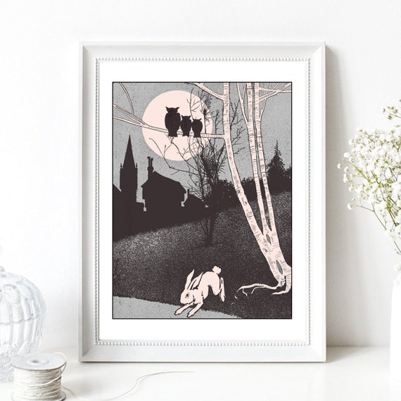 Art Print Din A4 Landscape At Night With Rabbit And Owls Moon Full Moon Owl Retro Vintage Gothic Gift Poster Without Frame