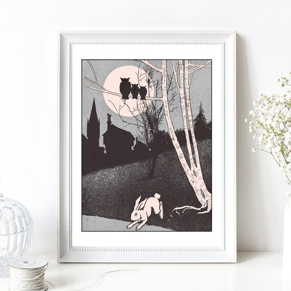 Vintage Night Owls Full Moon White Rabbit Retro Forest Wall Art Print