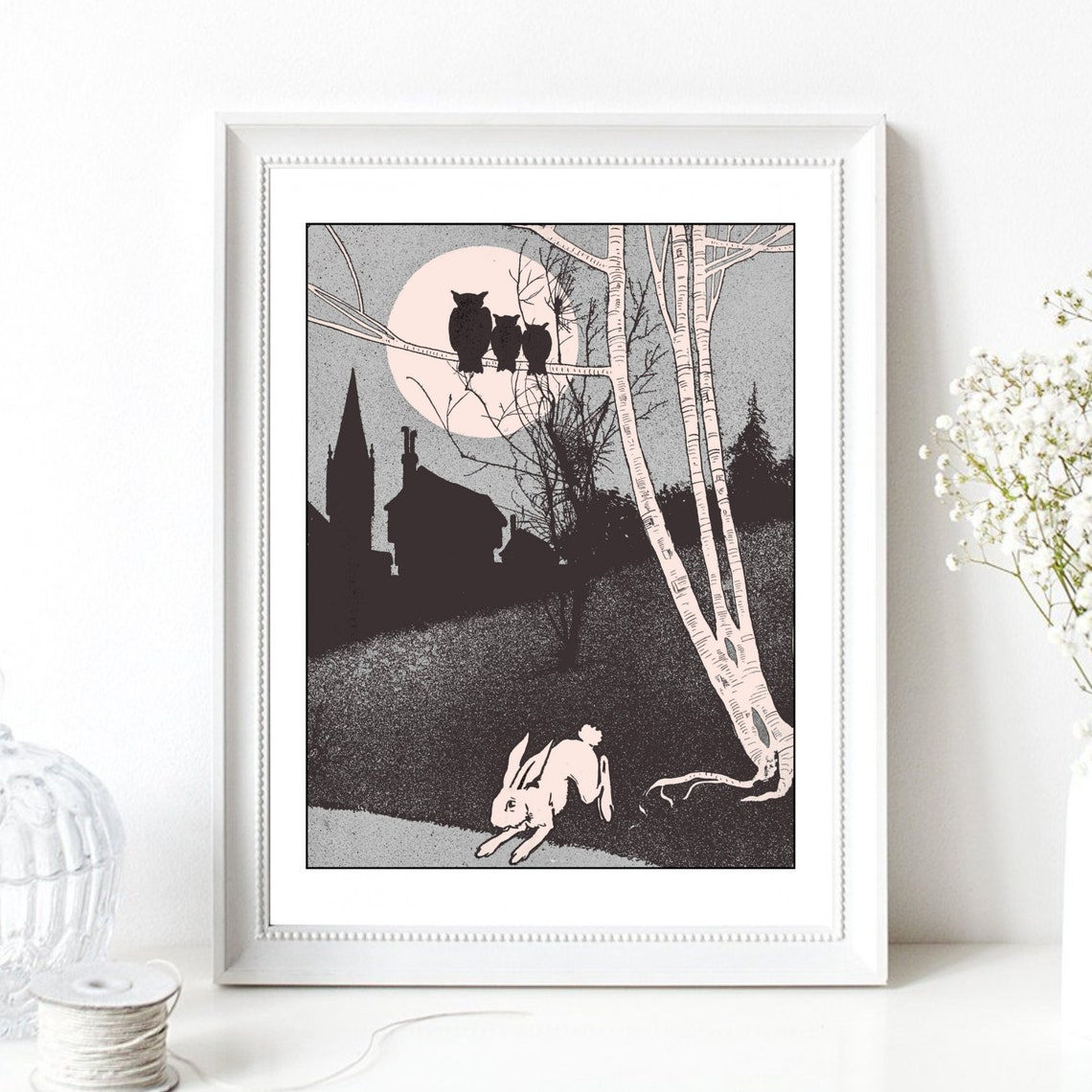 Vintage Night Owls Full Moon White Rabbit Retro Forest Wall Art Print