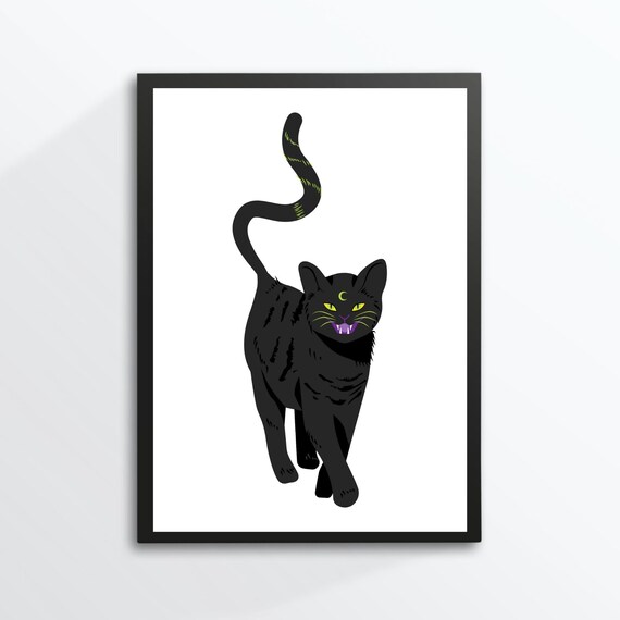 Black Cat Crescent Moon Mystic Gothic Witchy Halloween Wall Art