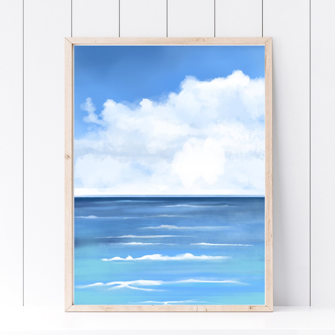Ocean Horizon Blue Waves White Clouds Serene Maritime Illustration Print - Image 3